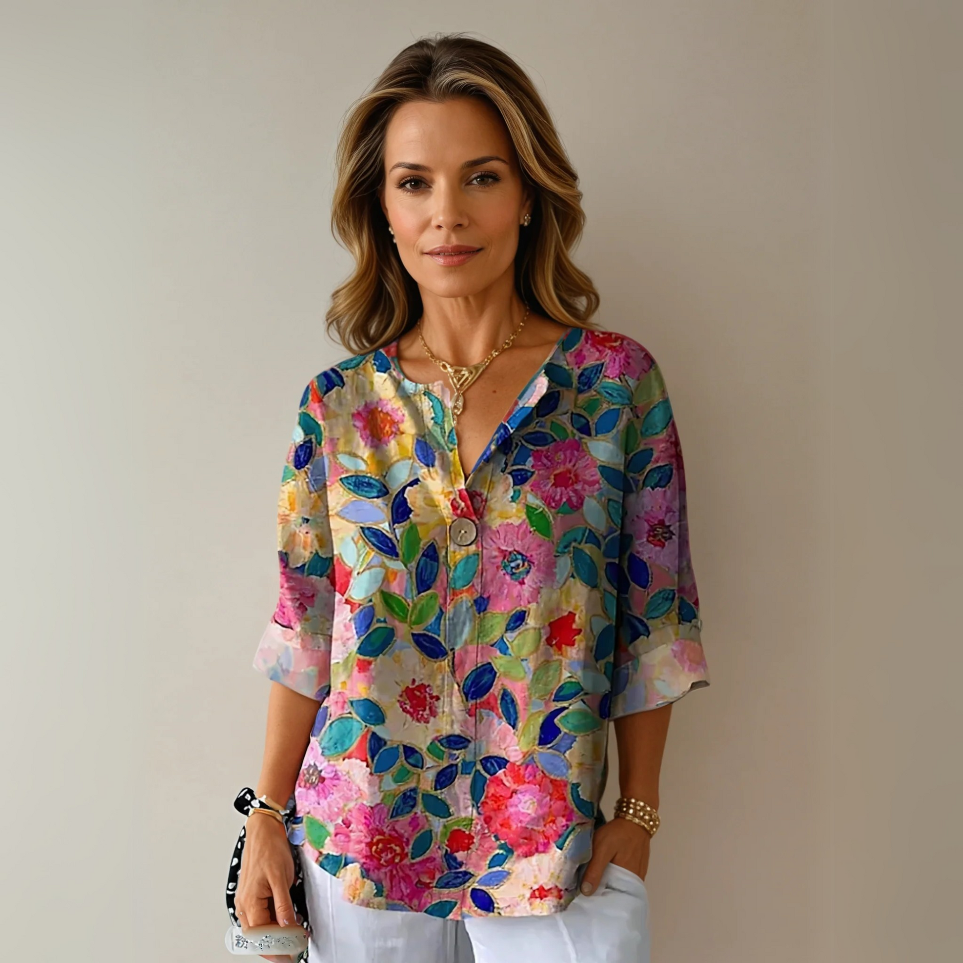Women's Floral V-Neck Blouse Half Sleeve - 
Fashinoza