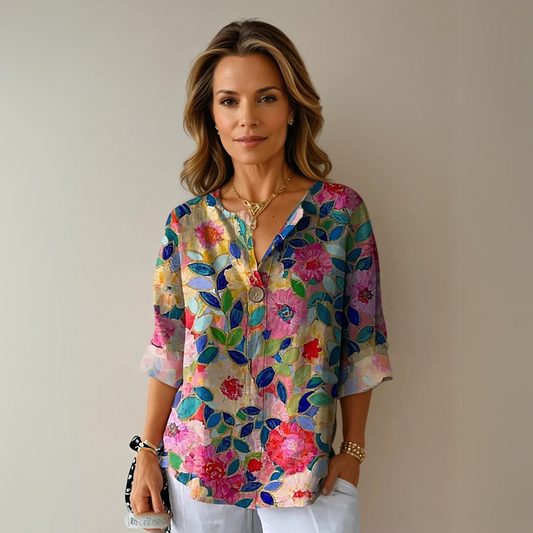 Women's Floral V-Neck Blouse Half Sleeve - 
Fashinoza