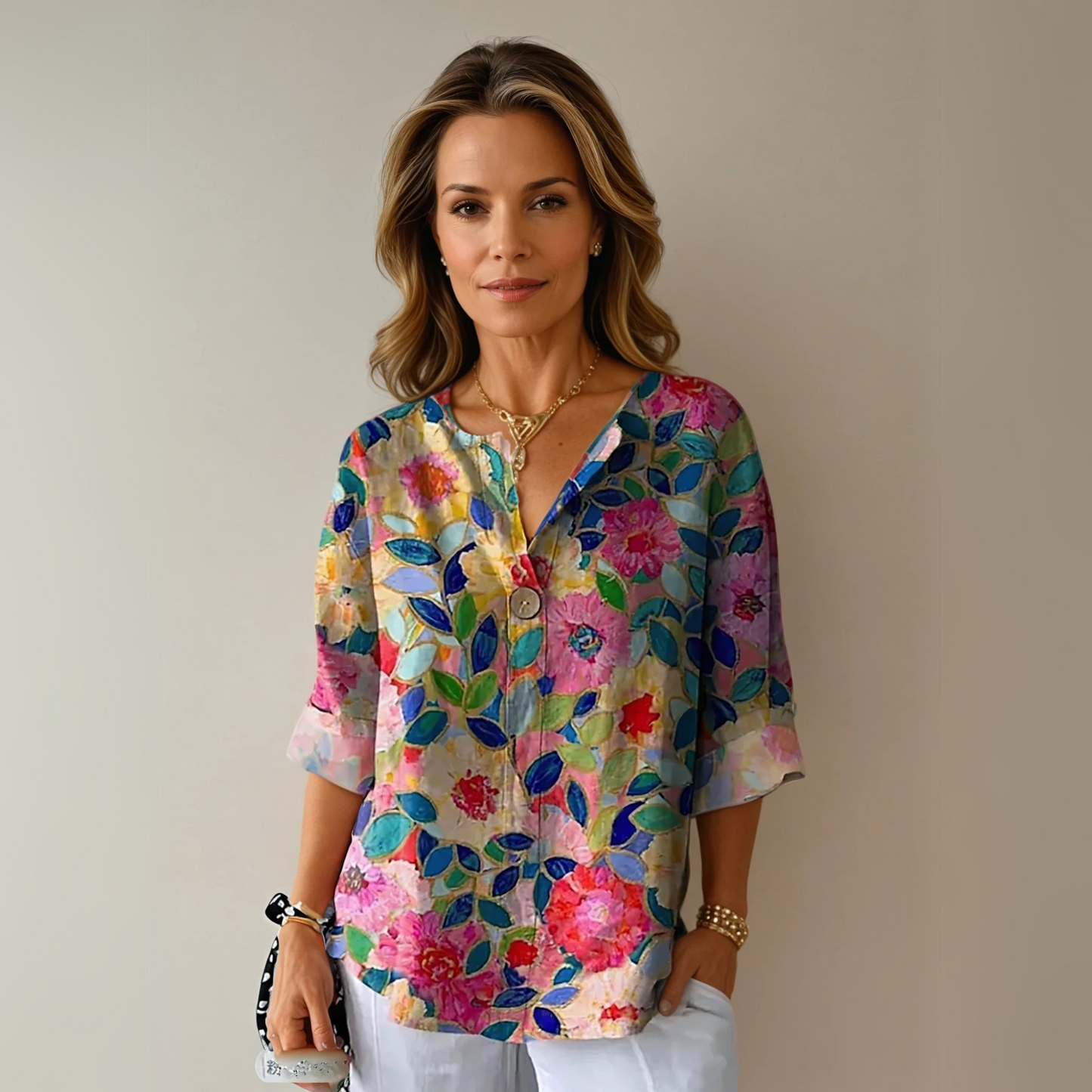 Women's Floral Print Blouse Button Front Closure - Fashinoza