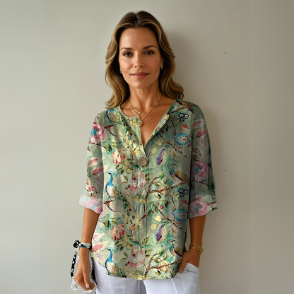 Women's Floral V-Neck Blouse Half Sleeve