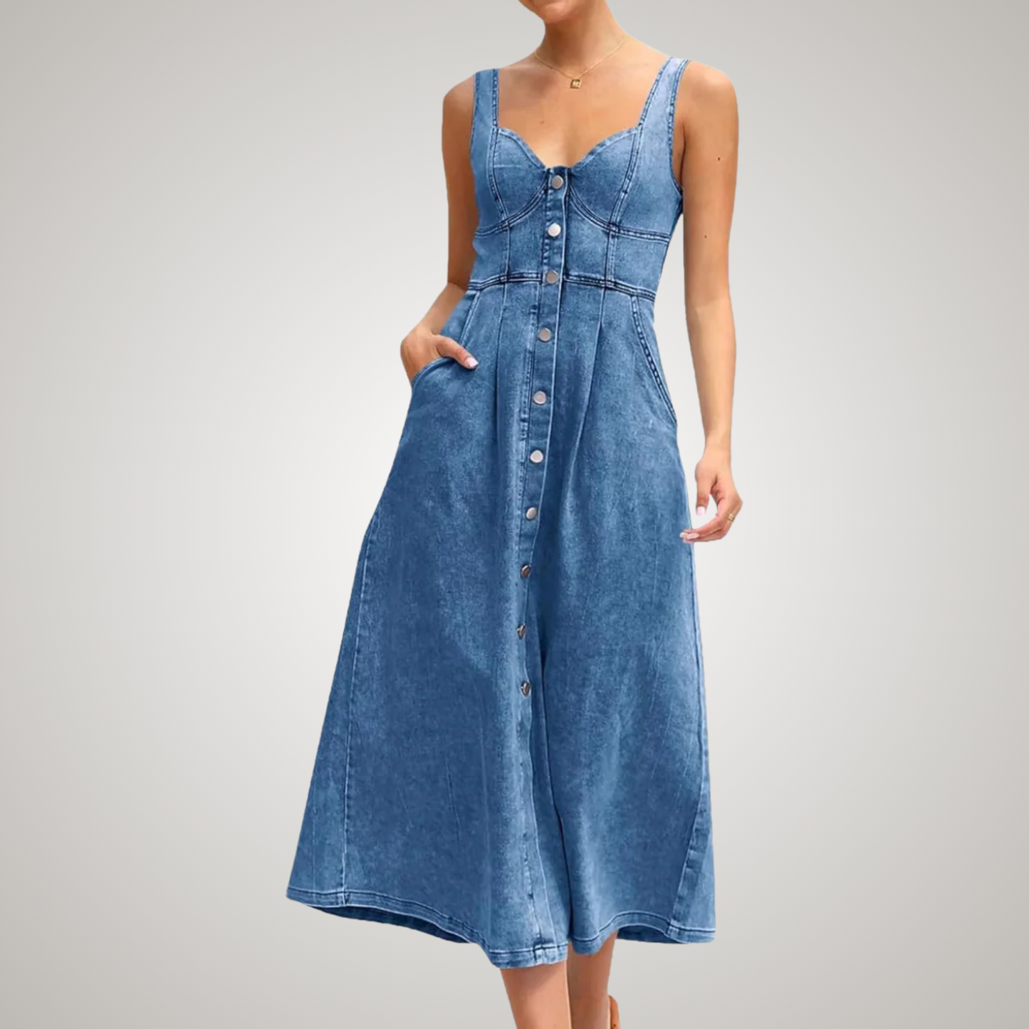 Women's Denim Sleeveless Dress Button Front Blue