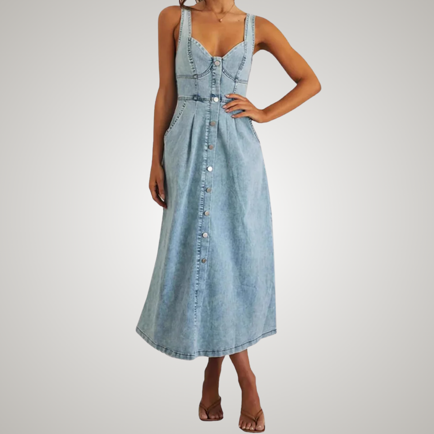 Women's Denim Sleeveless Dress Button Front Blue