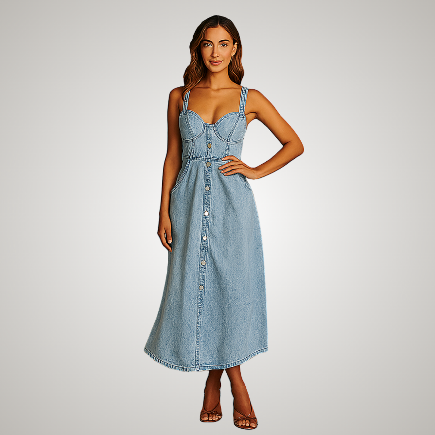 Women's Denim Sleeveless Dress Button Front Blue
