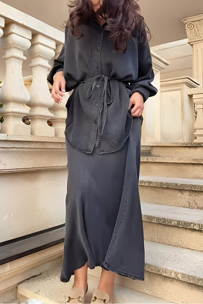 Women's Long Sleeve Tie Drawstring Shirt Skirt Set