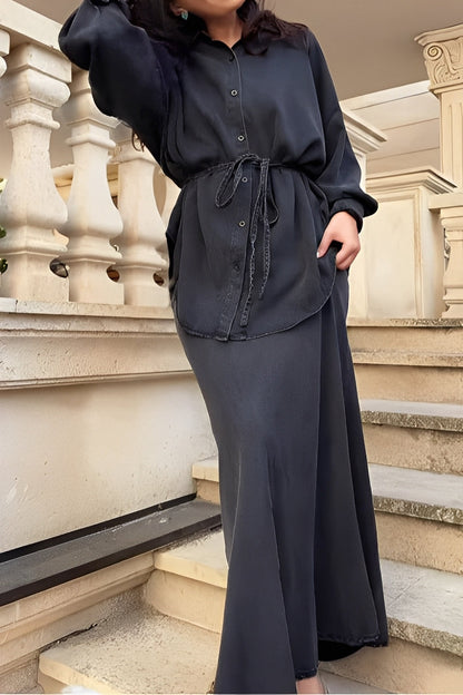 Women's Long Sleeve Tie Drawstring Shirt Skirt Set