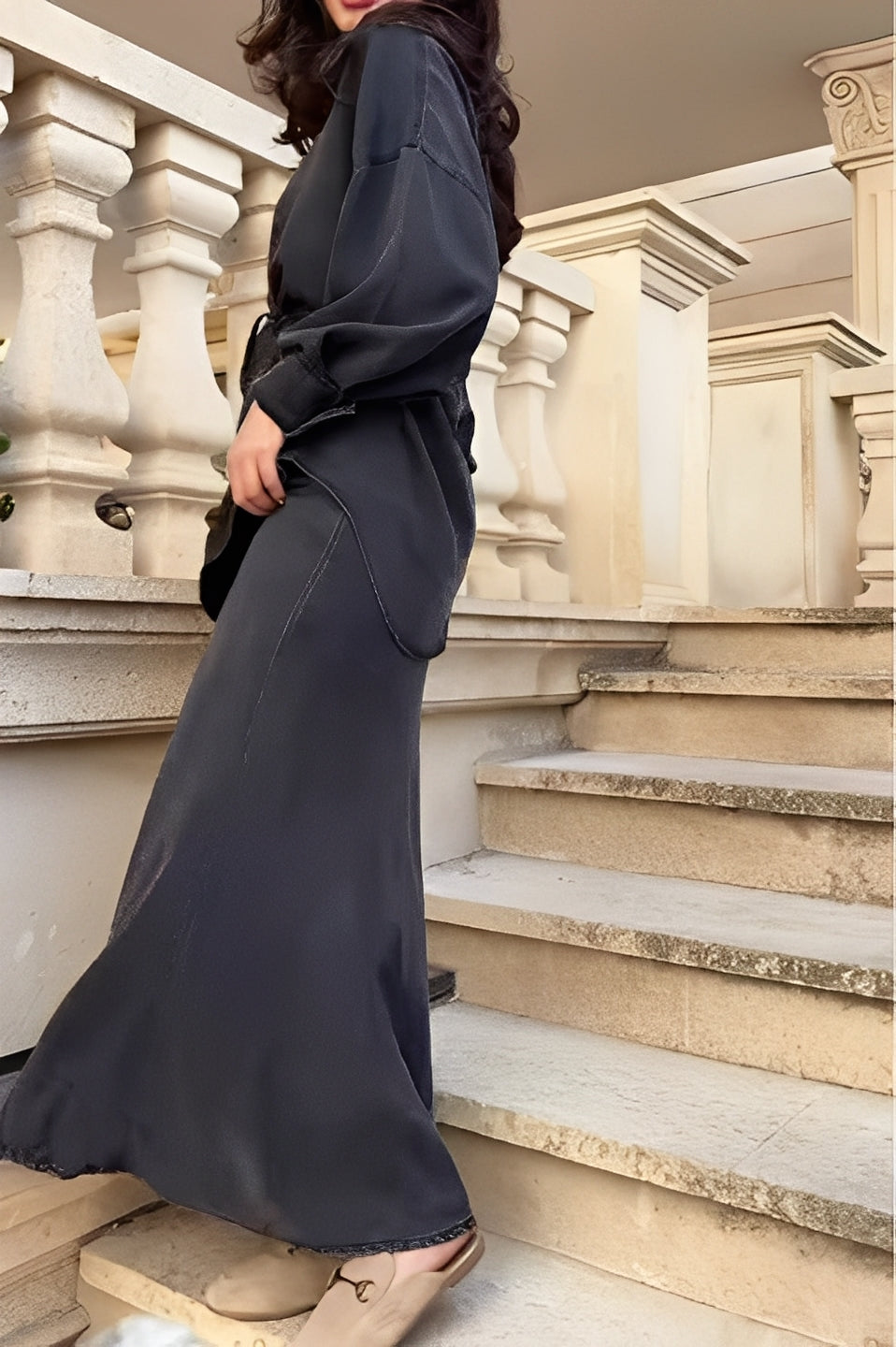 Women's Long Sleeve Tie Drawstring Shirt Skirt Set