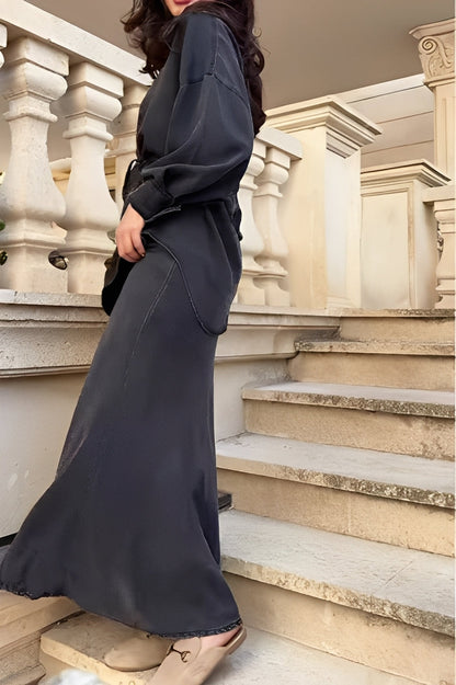 Women's Long Sleeve Tie Drawstring Shirt Skirt Set