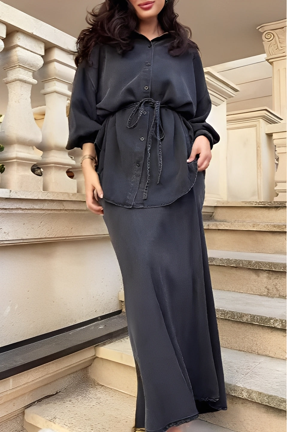 Women's Long Sleeve Tie Drawstring Shirt Skirt Set - Fashinoza