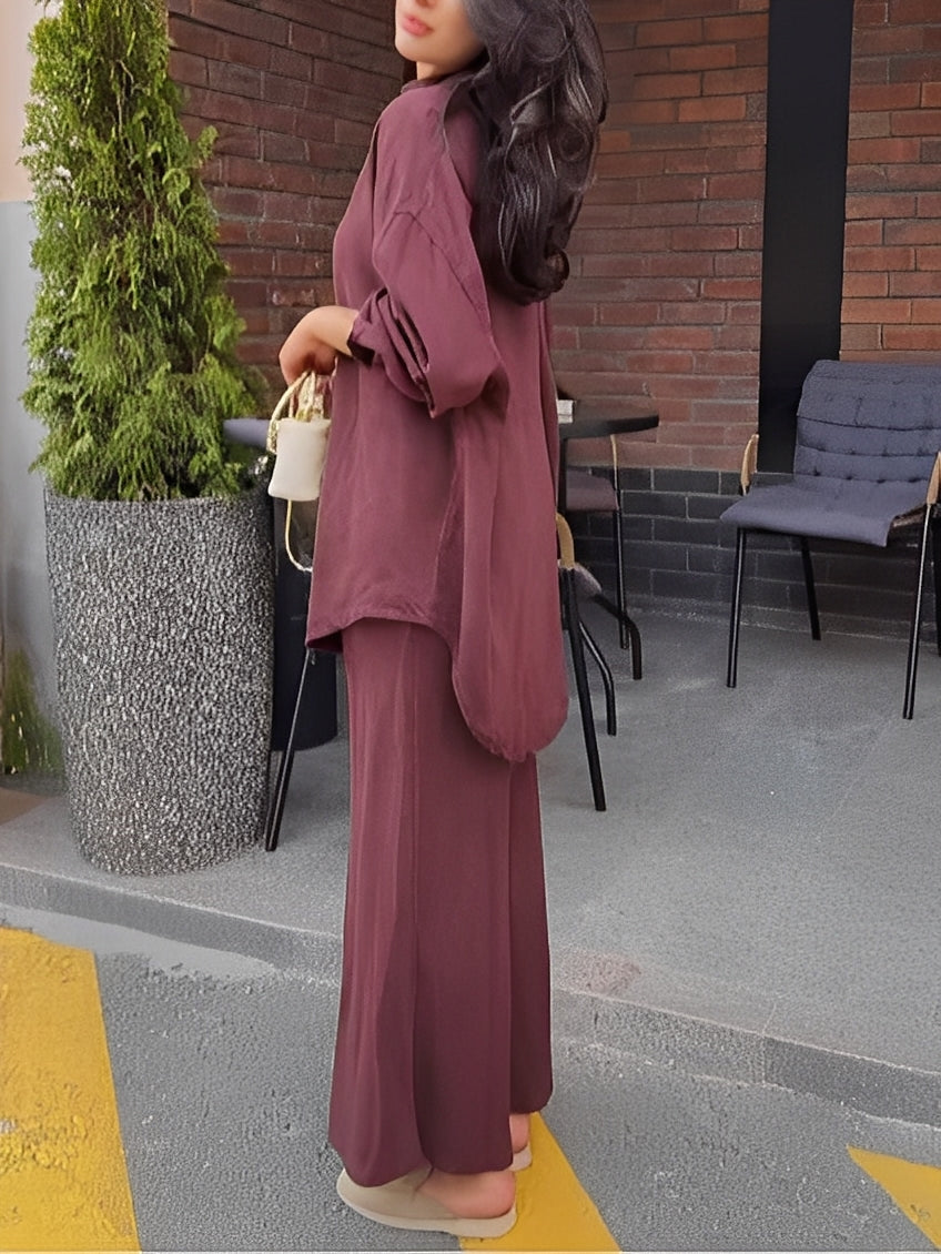 Women's Long Sleeve Tie Drawstring Shirt Skirt Set