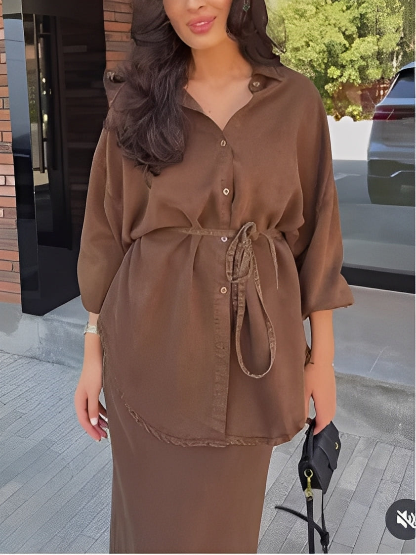 Women's Long Sleeve Tie Drawstring Shirt Skirt Set