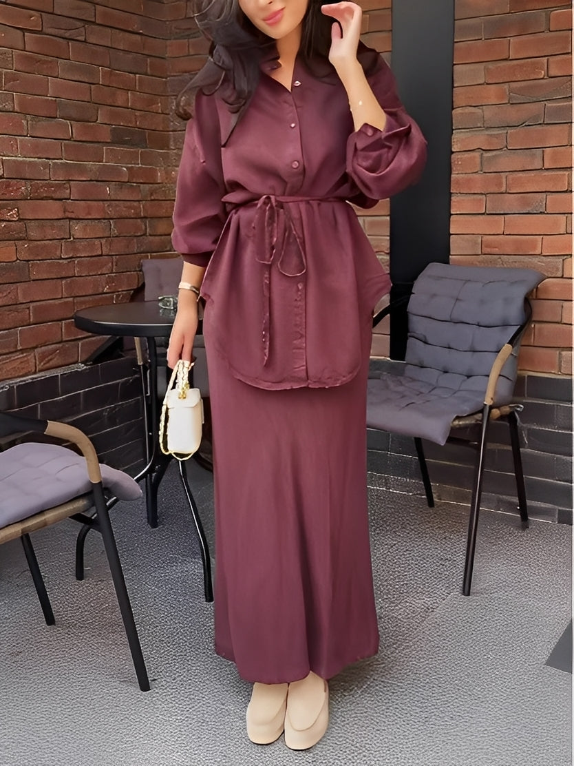 Women's Long Sleeve Tie Drawstring Shirt Skirt Set