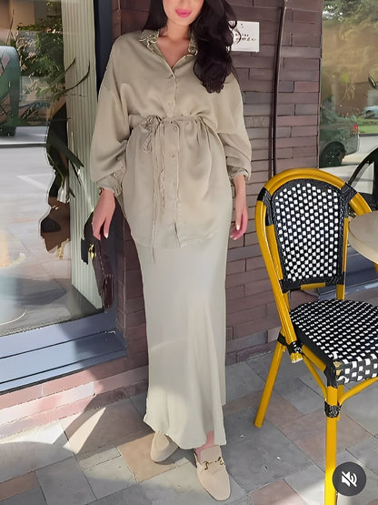 Women's Long Sleeve Tie Drawstring Shirt Skirt Set