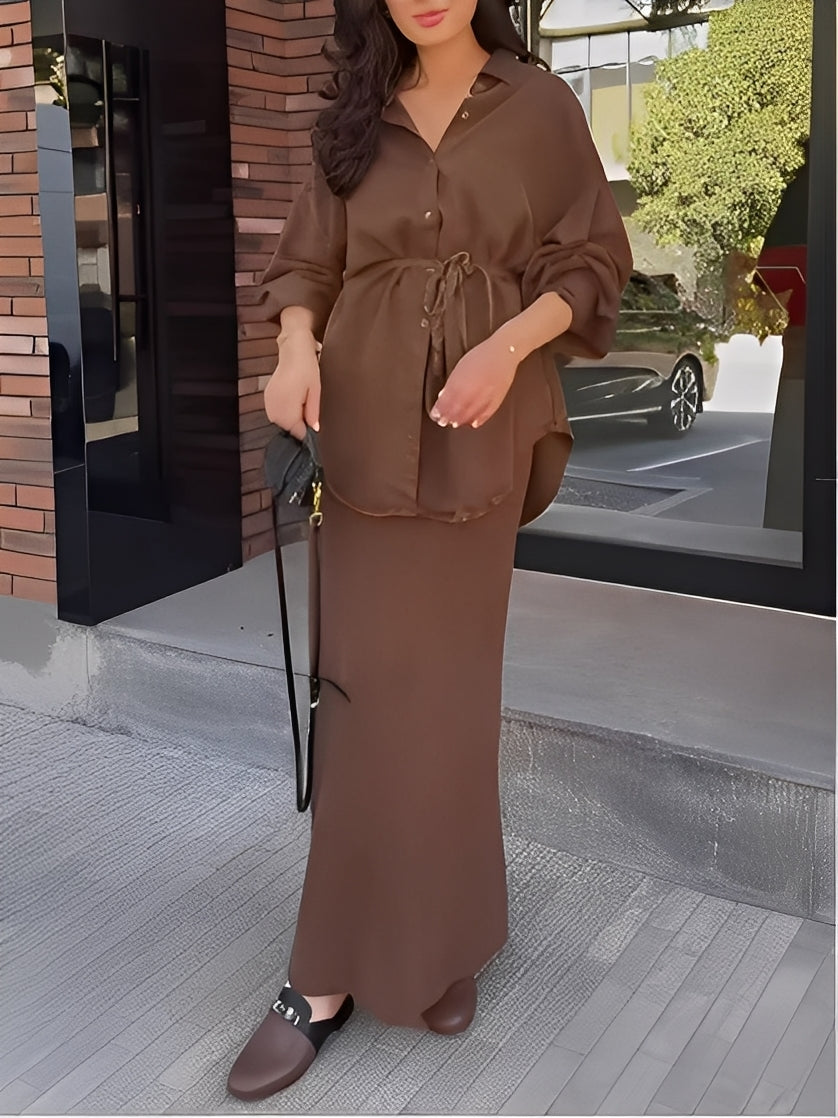 Women's Long Sleeve Tie Drawstring Shirt Skirt Set