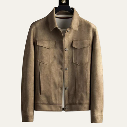 Men's Suede Button Up Jacket Classic Retro Tan