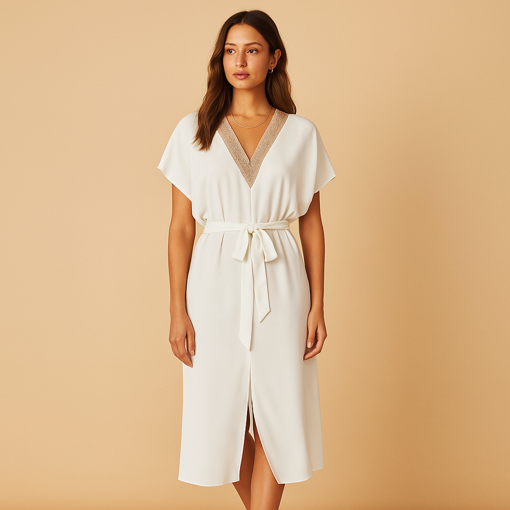 Women's White V-Neck Midi Dress - 
Fashinoza