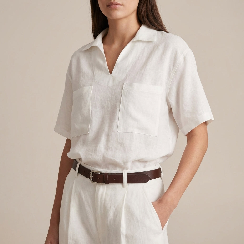 Relaxed Fit V-Neck Casual Shirt Patch Pockets - 
Fashinoza