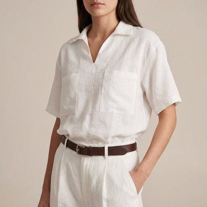 Relaxed Fit V-Neck Casual Shirt Patch Pockets - 
Fashinoza