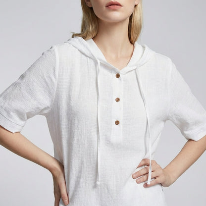 Women's Relaxed Hooded Blouse Drawstring High-Low Hem - 
Fashinoza