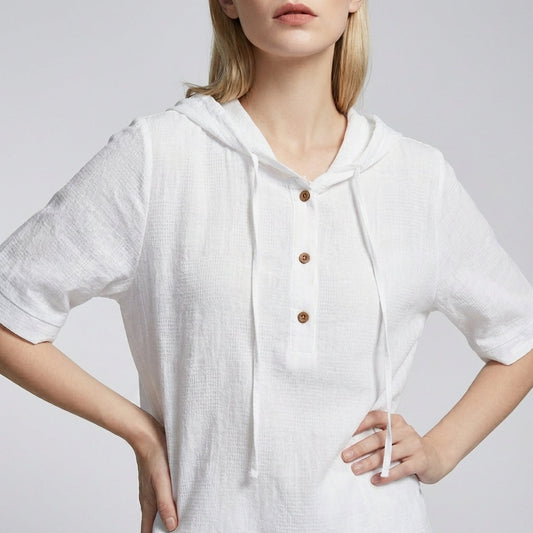 Women's Relaxed Hooded Blouse Drawstring High-Low Hem - 
Fashinoza