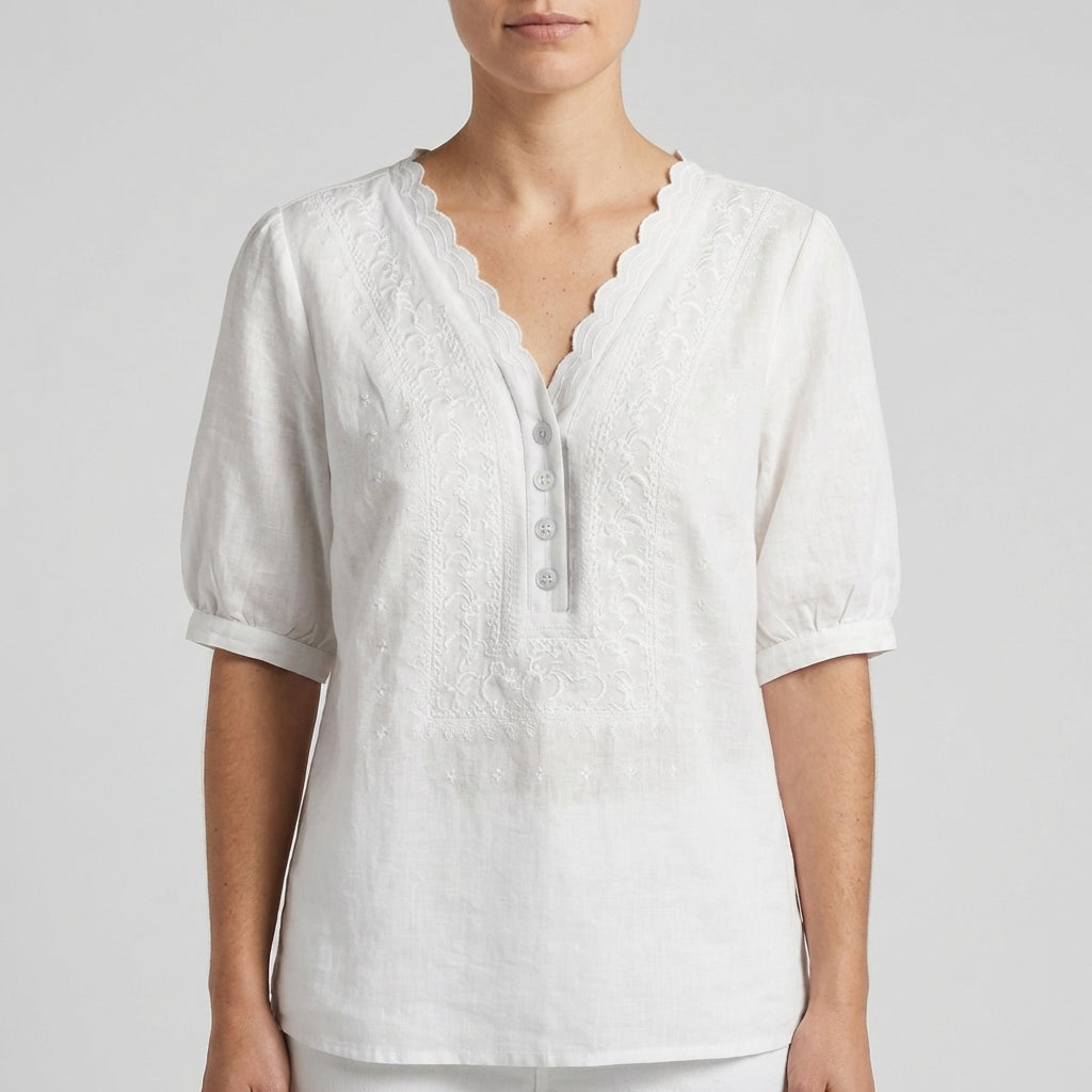 Women's Relaxed Fit V-Neck Blouse Embroidered Detail