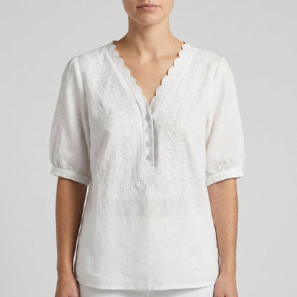 Women's Relaxed Fit V-Neck Blouse Embroidered Detail
