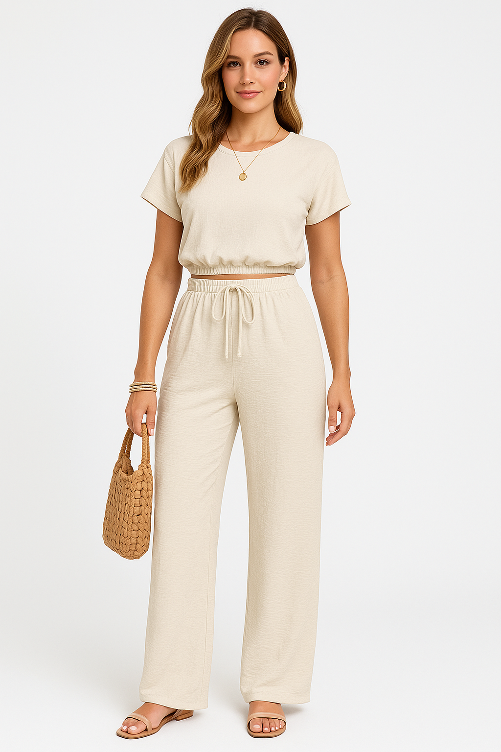 Women's Wide Leg Drawstring Pants Set - 
Fashinoza