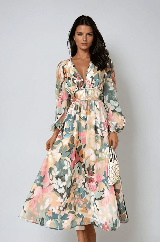 Women's Floral V-Neck Long Sleeve Midi Dress - Fashinoza