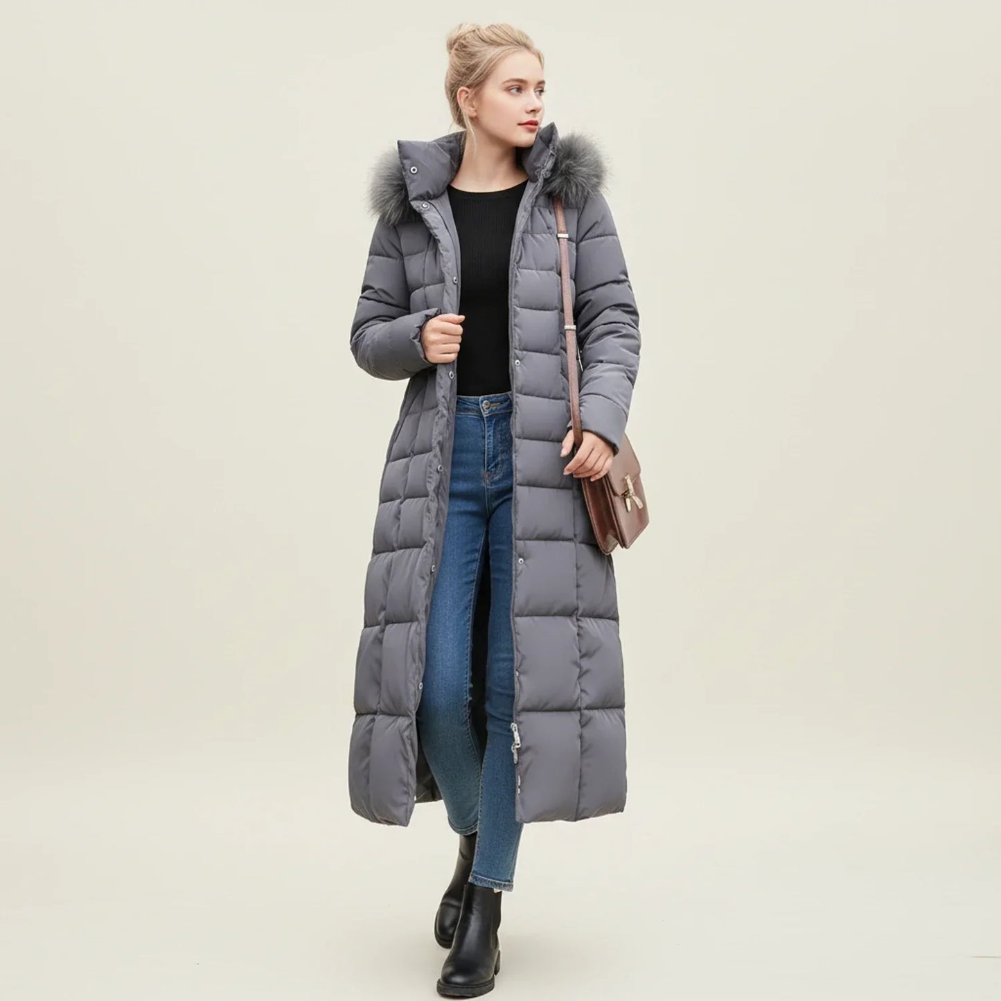 Women's Quilted Puffer Jacket Maxi Length Warm Black