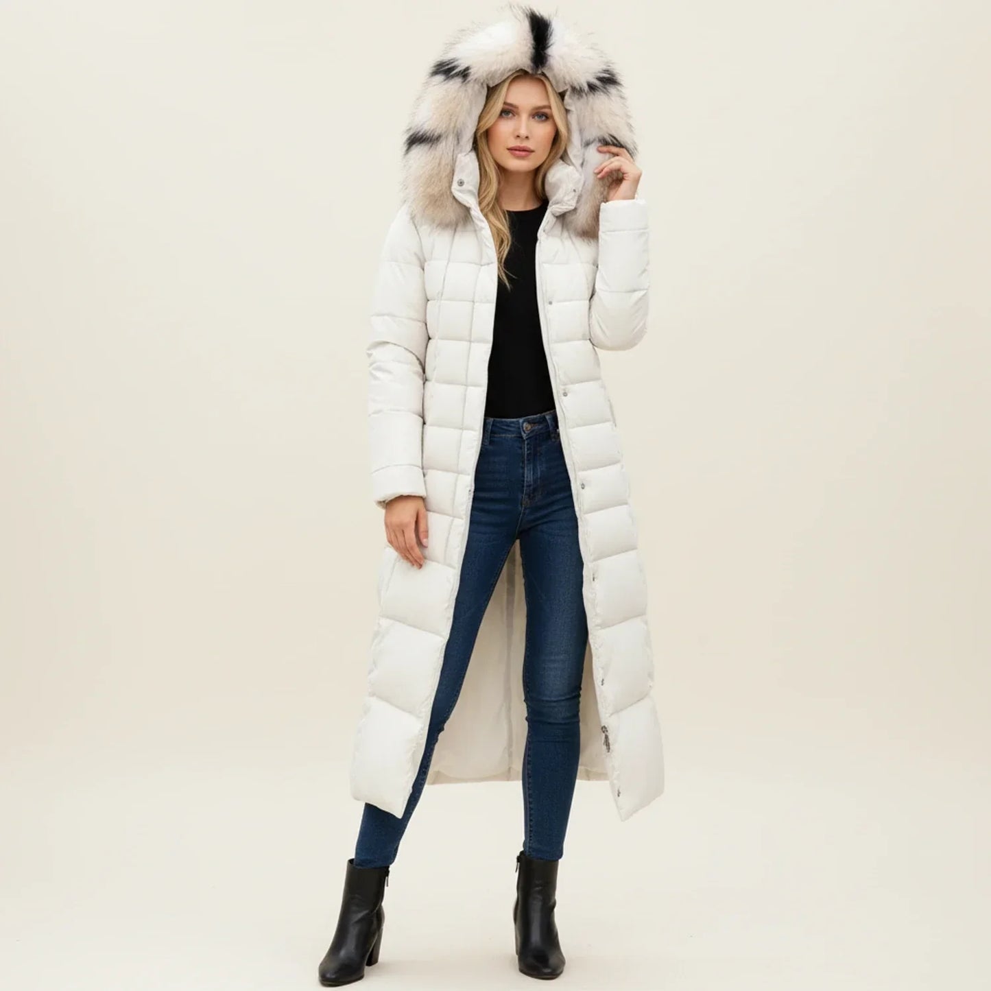 Women's Quilted Puffer Jacket Maxi Length Warm Black