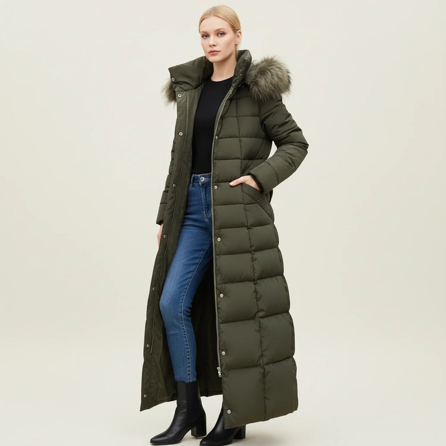 Women's Quilted Puffer Jacket Maxi Length Warm Black