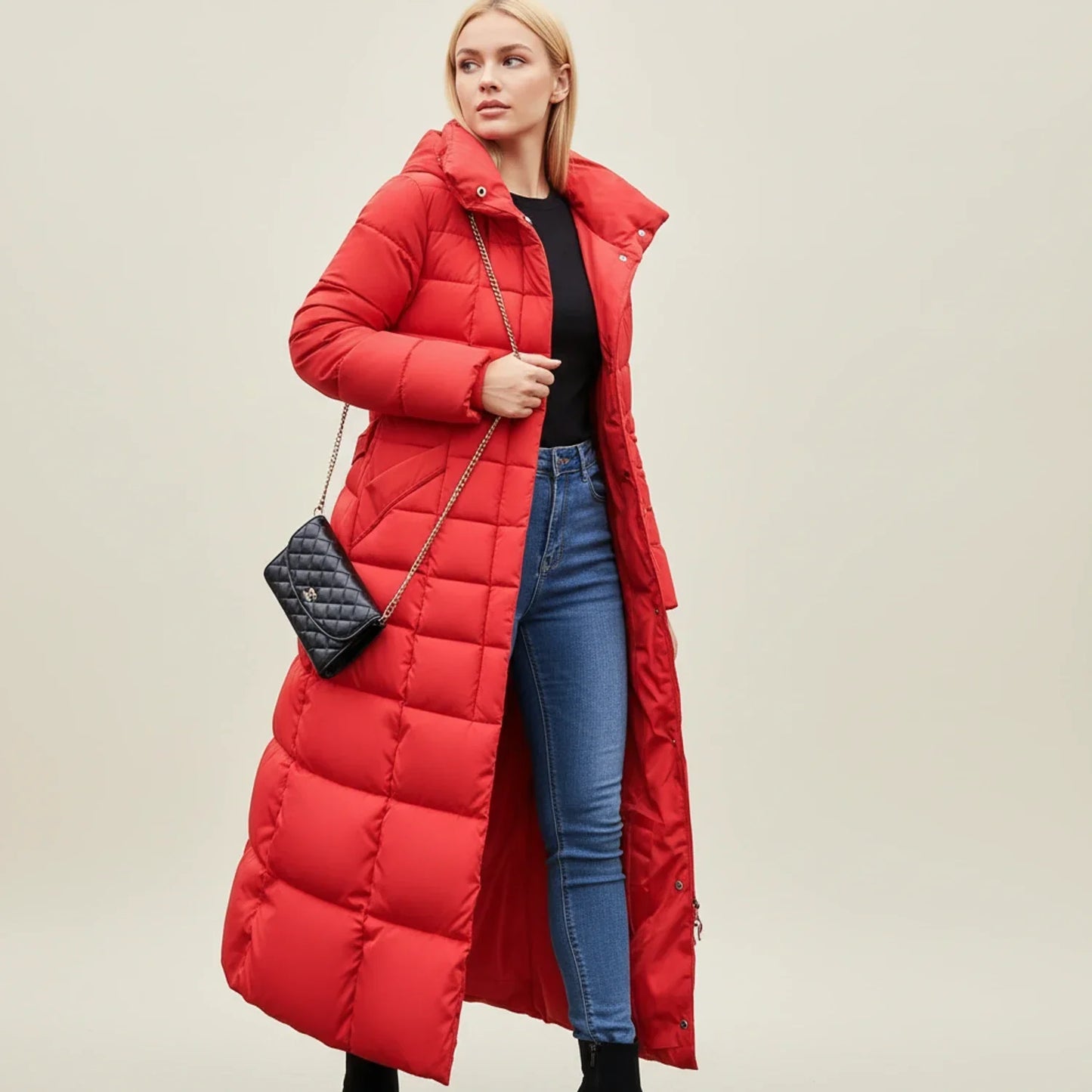 Women's Quilted Puffer Jacket Maxi Length Warm Black