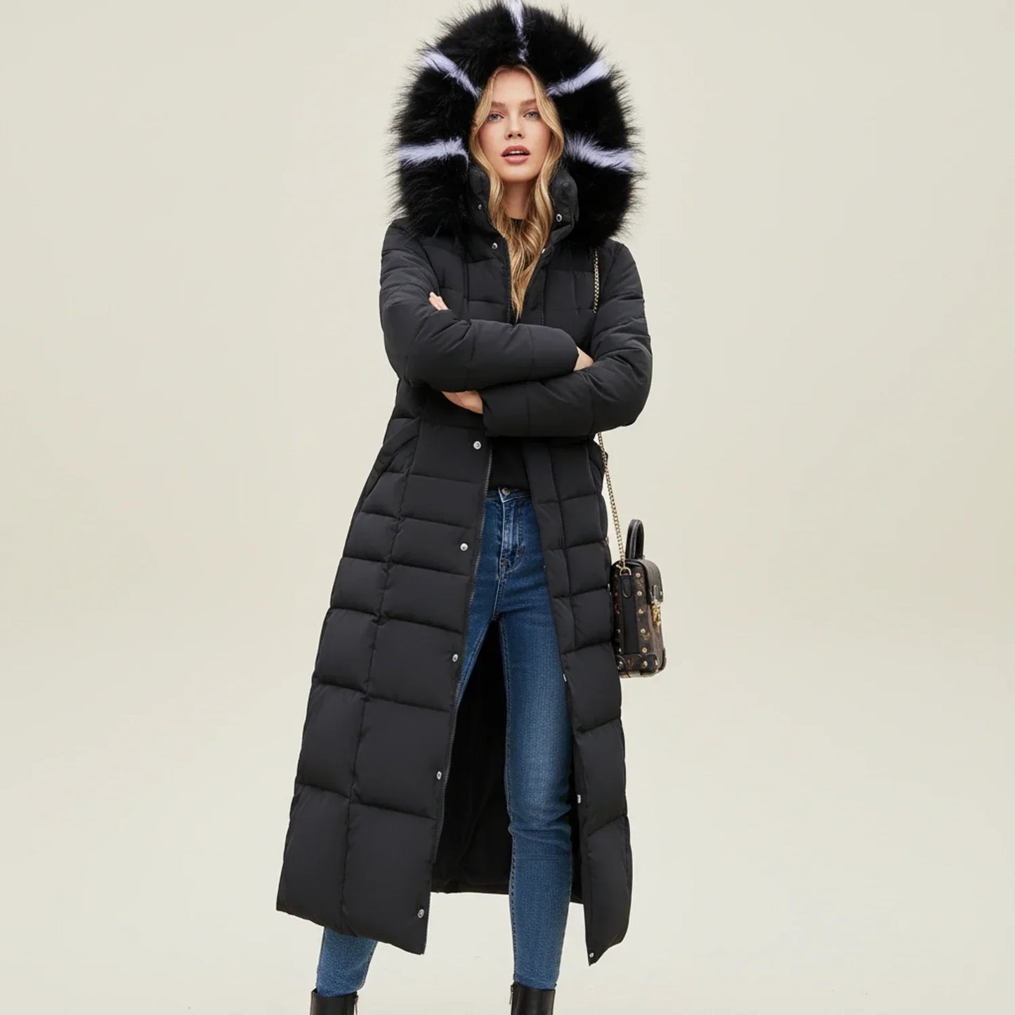 Women's Quilted Puffer Jacket Maxi Length Warm Black