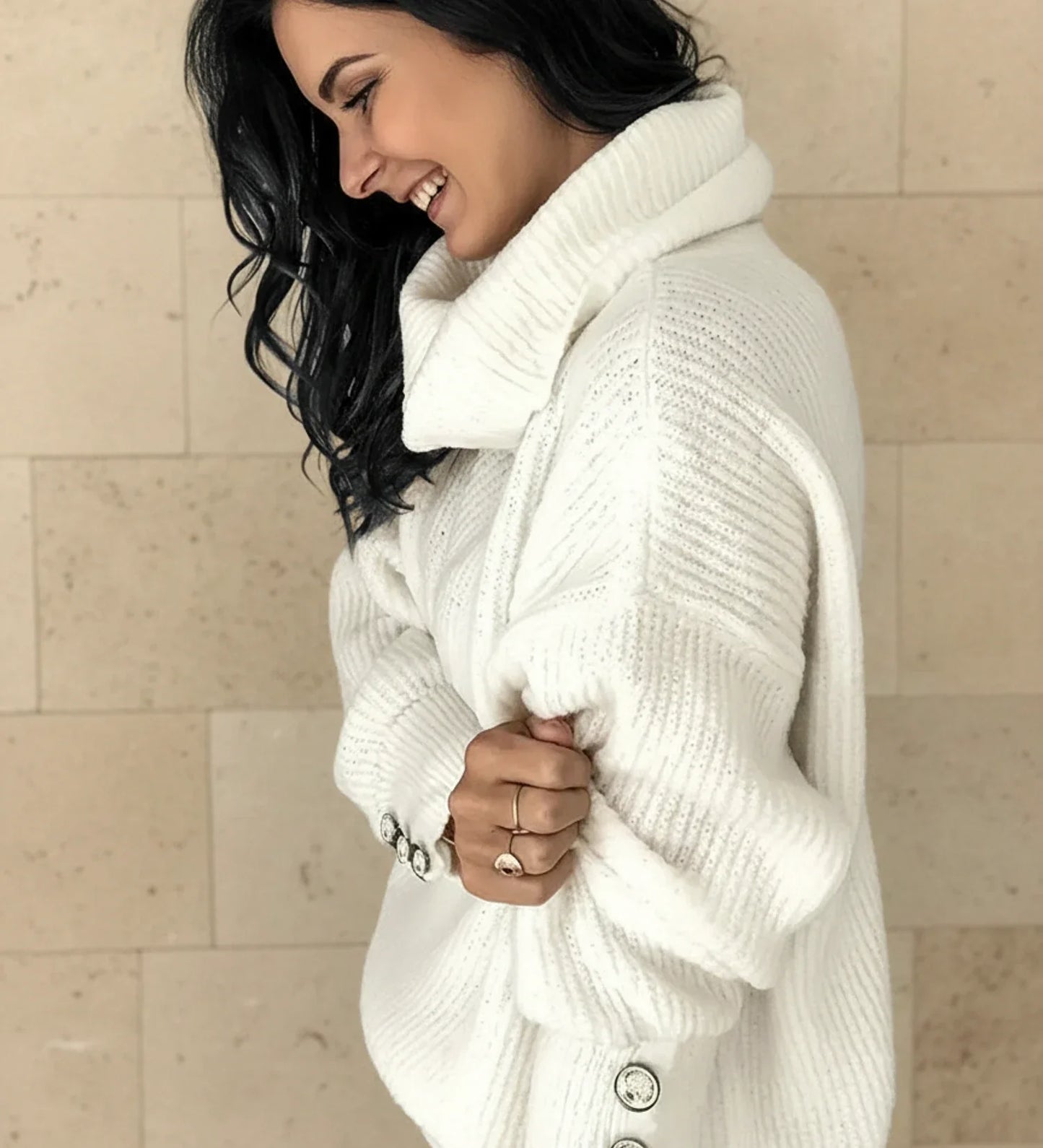 Emma | Women Spring Button Oversized Cowl Neck Sweater