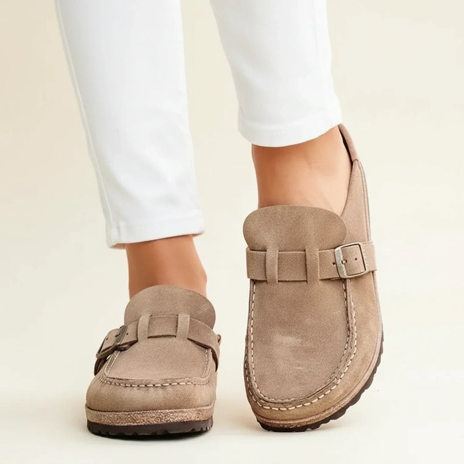 Women's Orthopedic Slip-On Mules Chunky Sole Buckle Moc Toe - 
Fashinoza