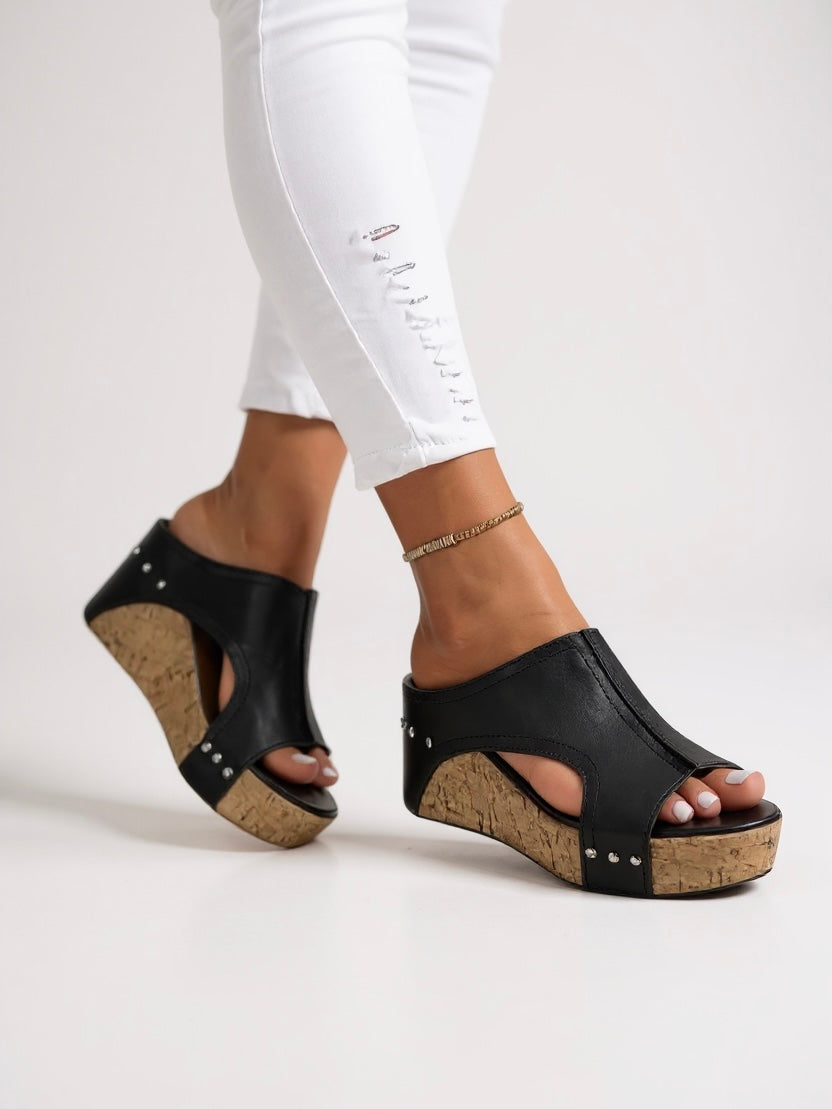 Women's Faux Leather Slide Sandals Cork Wedge Studded Brown - 
Fashinoza