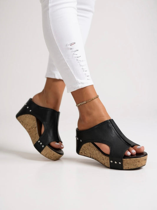 Women's Faux Leather Slide Sandals Cork Wedge Studded Brown - 
Fashinoza