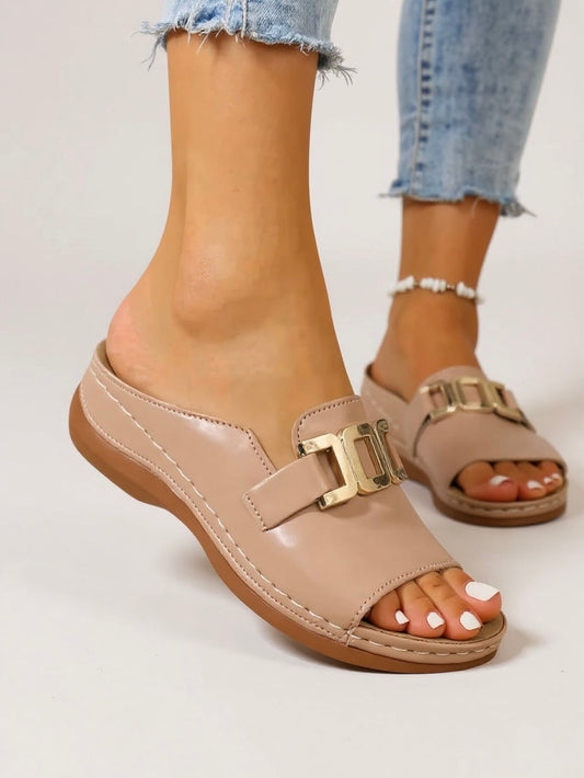 Women's Faux Leather Slide Sandals Open Toe Buckle Brown - 
Fashinoza