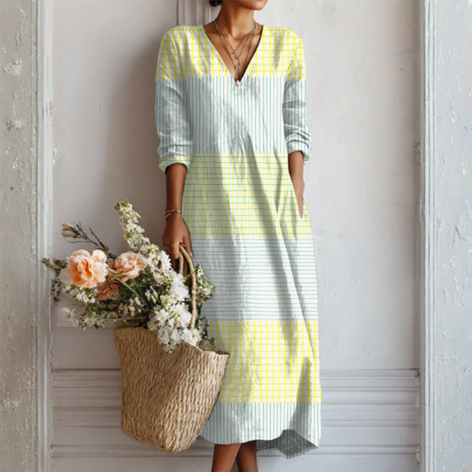 Women's Linen Midi Dress V Neck Pockets Natural - 
Fashinoza