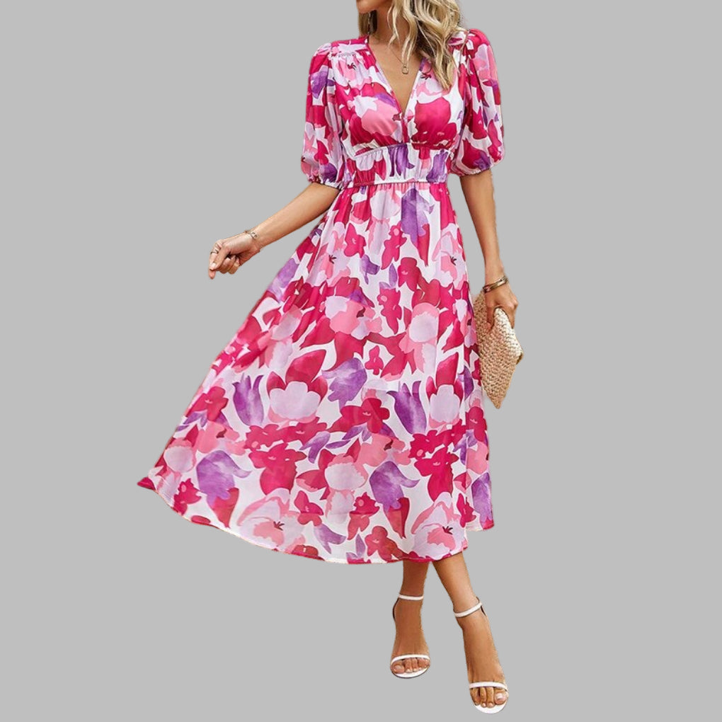 "Women's casual V-neck midi dress in breathable cotton, features short sleeves and a relaxed silhouette for summer comfort."
