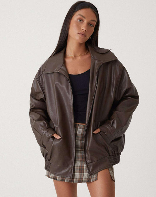 Women's Leather Zip Up Jacket High Collar Relaxed Fit Black - Fashinoza