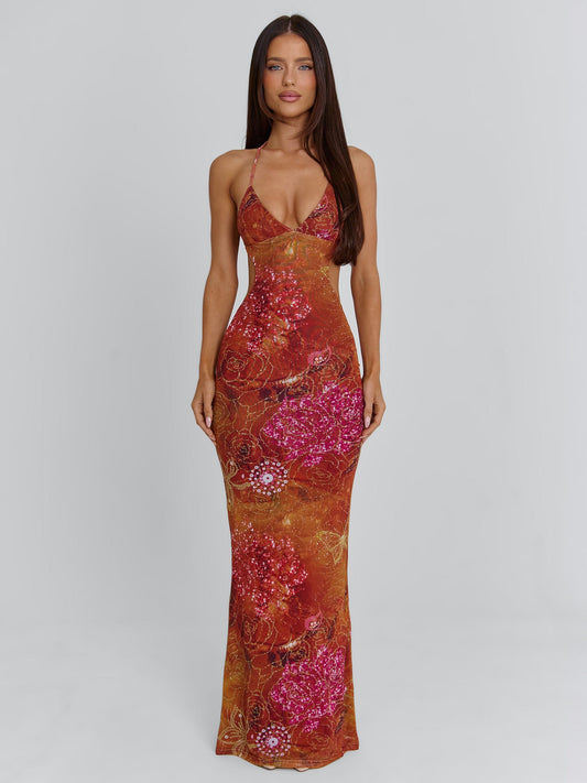 Women's Mesh Maxi Dress Crystal Halter Backless - 
Fashinoza