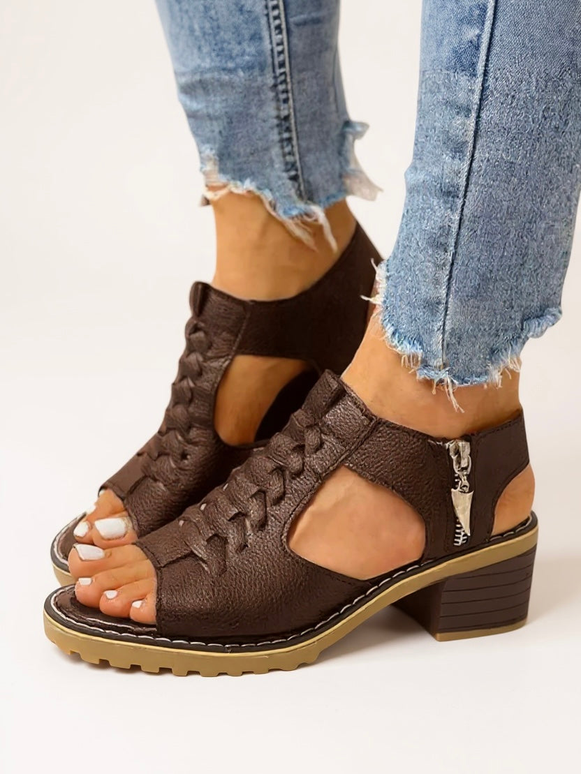 Women's Faux Leather Block Heel Sandals - 
Fashinoza