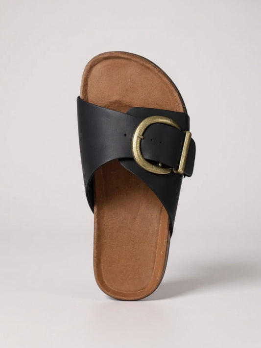 Women's Faux Leather Slide Sandals Buckle Strap Open Toe - 
Fashinoza