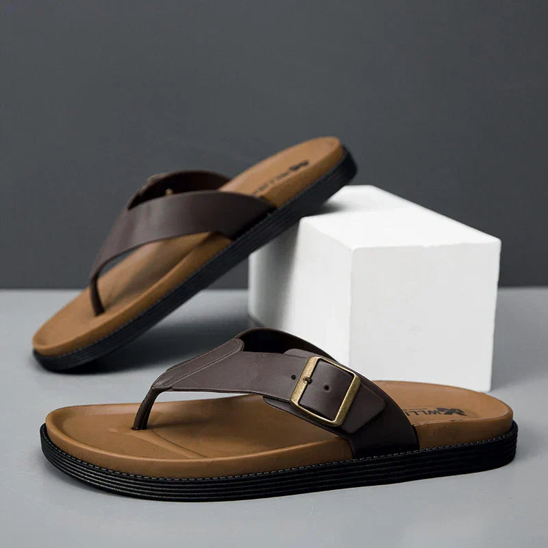 Women's Flat Thong Sandals Faux Leather Buckle Strap - 
Fashinoza