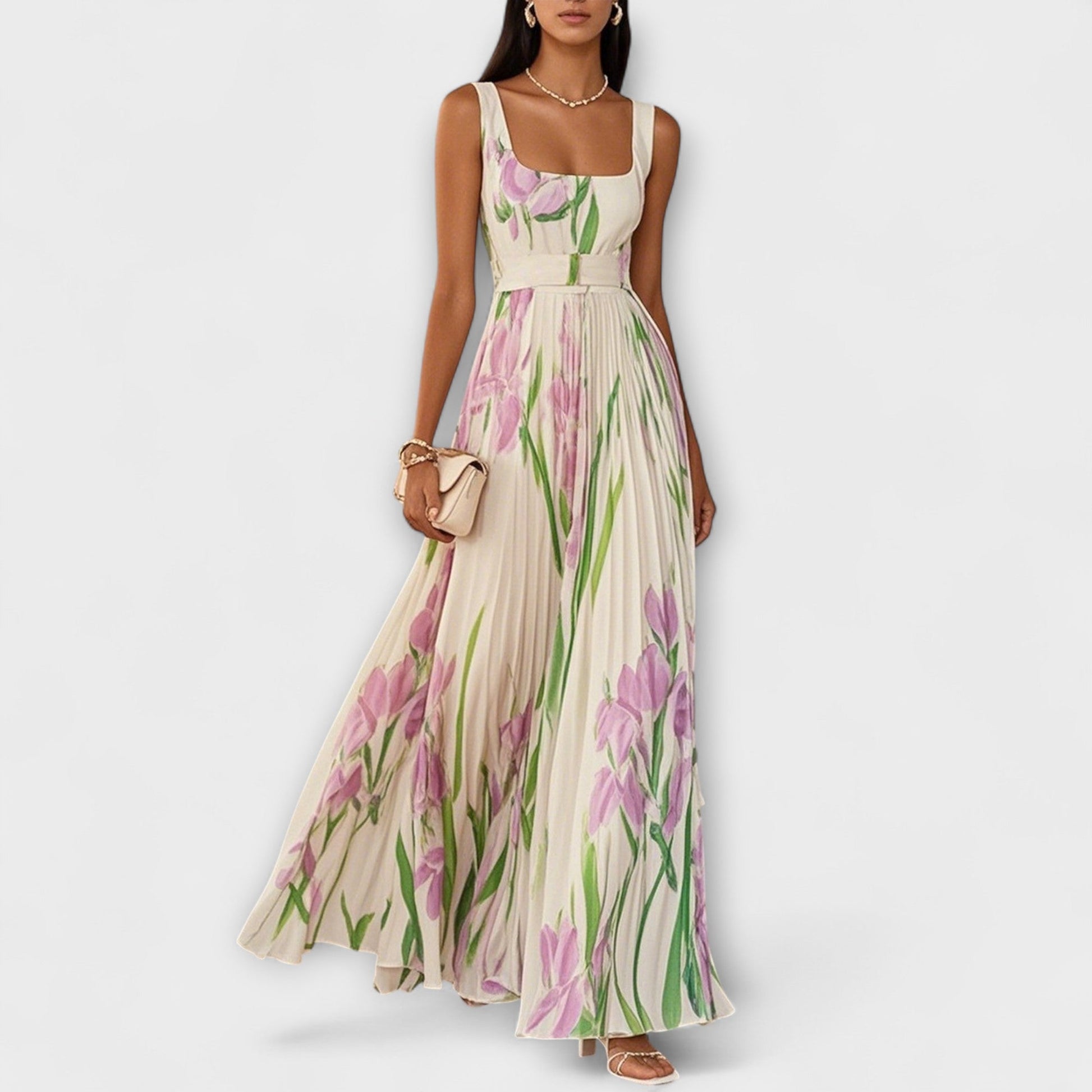 Women's Polyester Maxi Dress Floral Square Neck - 
Fashinoza