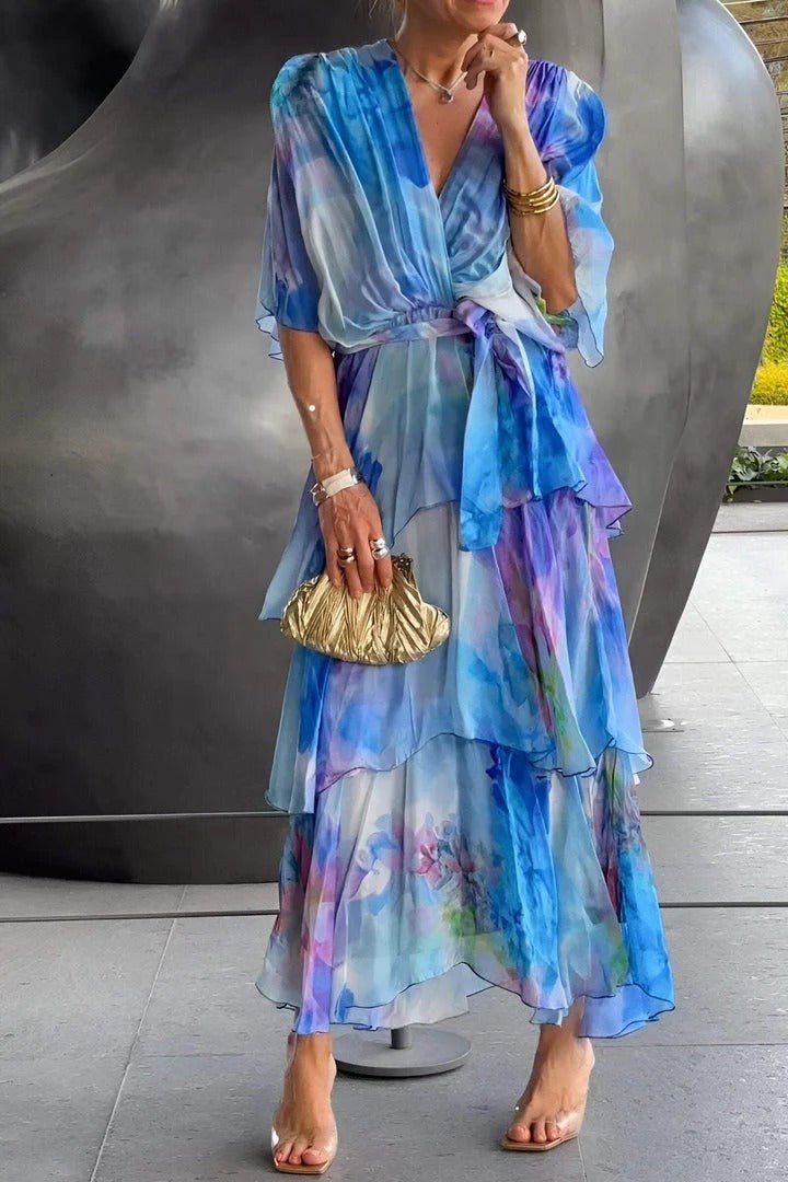 Women's Floral Maxi Dress V Neck Tiered Skirt - 
Fashinoza