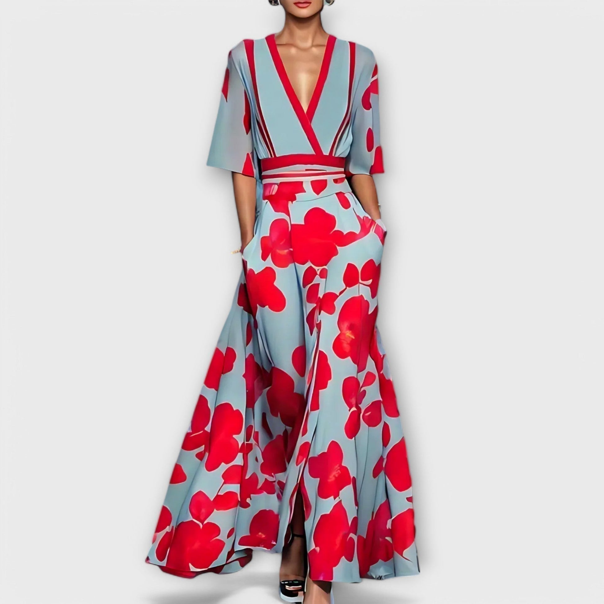 Women's Floral Maxi Dress V Neck Sash Waist - 
Fashinoza