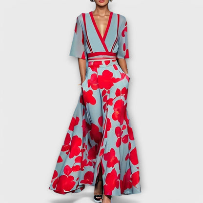 Women's Floral Maxi Dress V Neck Sash Waist - 
Fashinoza