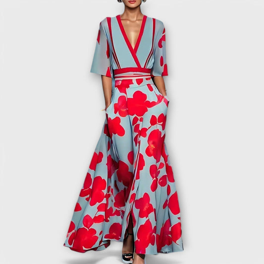 Women's Floral Maxi Dress V Neck Sash Waist - 
Fashinoza