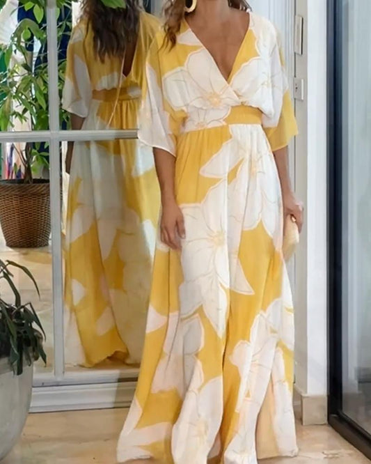Women's Floral Maxi Dress V-Neck Smocked Waist - 
Fashinoza